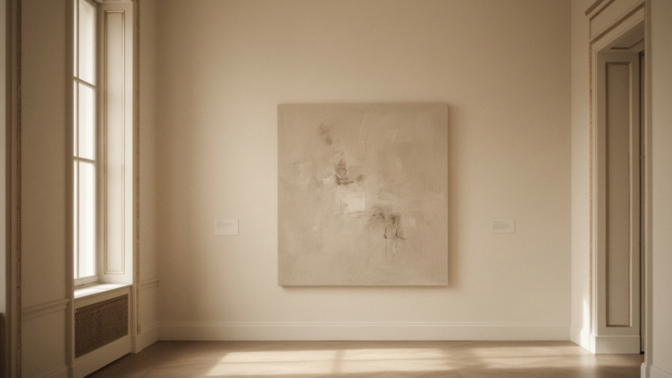 A quiet museum gallery with a single painting in warm light